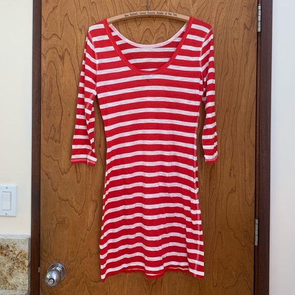 Express French Breton Striped Shift Dress Red White Medium Long Sleeve - Picture 3 of 6